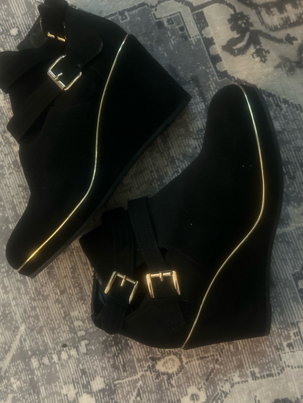 Black Wedge Ankle Boots with Gold Trim